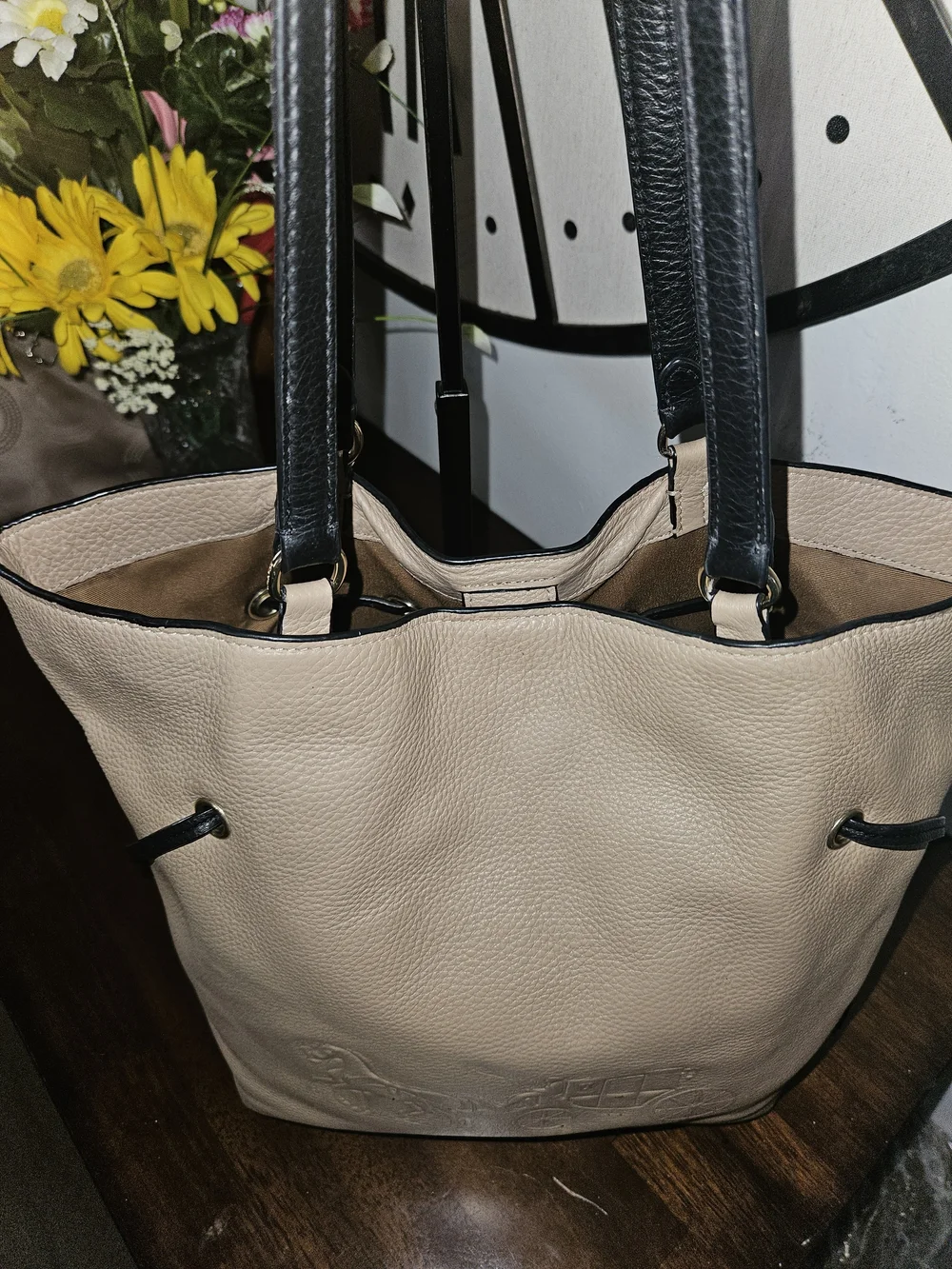 Women's Beige Tote Bag with Black Straps